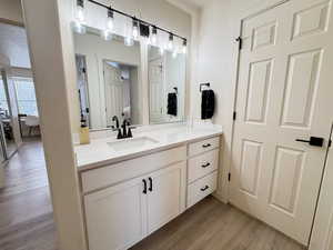 Bathroom featuring vanity and dark wood-style floors