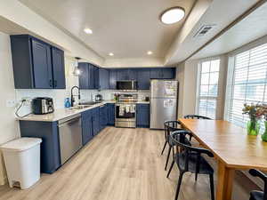 Kitchen with blue cabinetry, stainless steel appliances, light wood-style floors, backsplash, and a tray ceiling