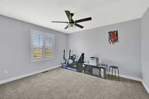 Workout area with carpet flooring and ceiling fan