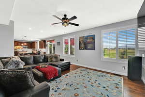 Living area featuring ceiling fan, dark wood-style flooring, and recessed lighting