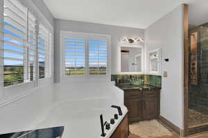 Full bathroom featuring a shower stall, vanity, and a bath