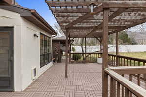 Fenced backyard with a wooden deck and a patio