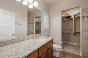 Full bath with vanity, wood tiled floors, and a walk in closet
