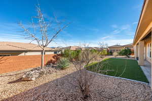 Fenced backyard featuring a residential view and a patio