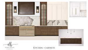Kitchen with range with two ovens, two tone cabinetry, light stone counters, glass fronted cabinets, and backsplash