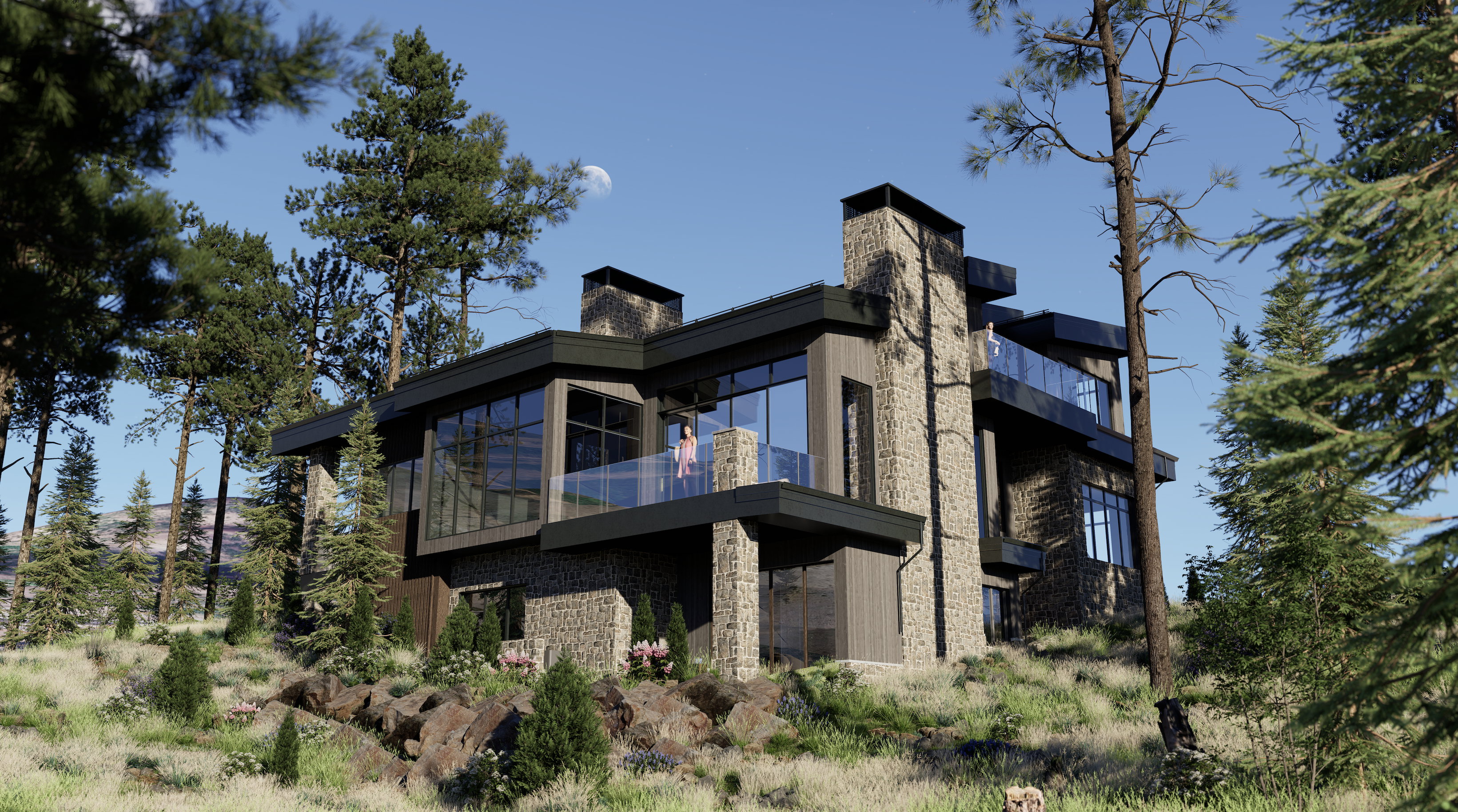 Rear view of house with a balcony and stone siding