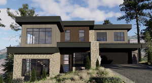 Contemporary home featuring stone siding