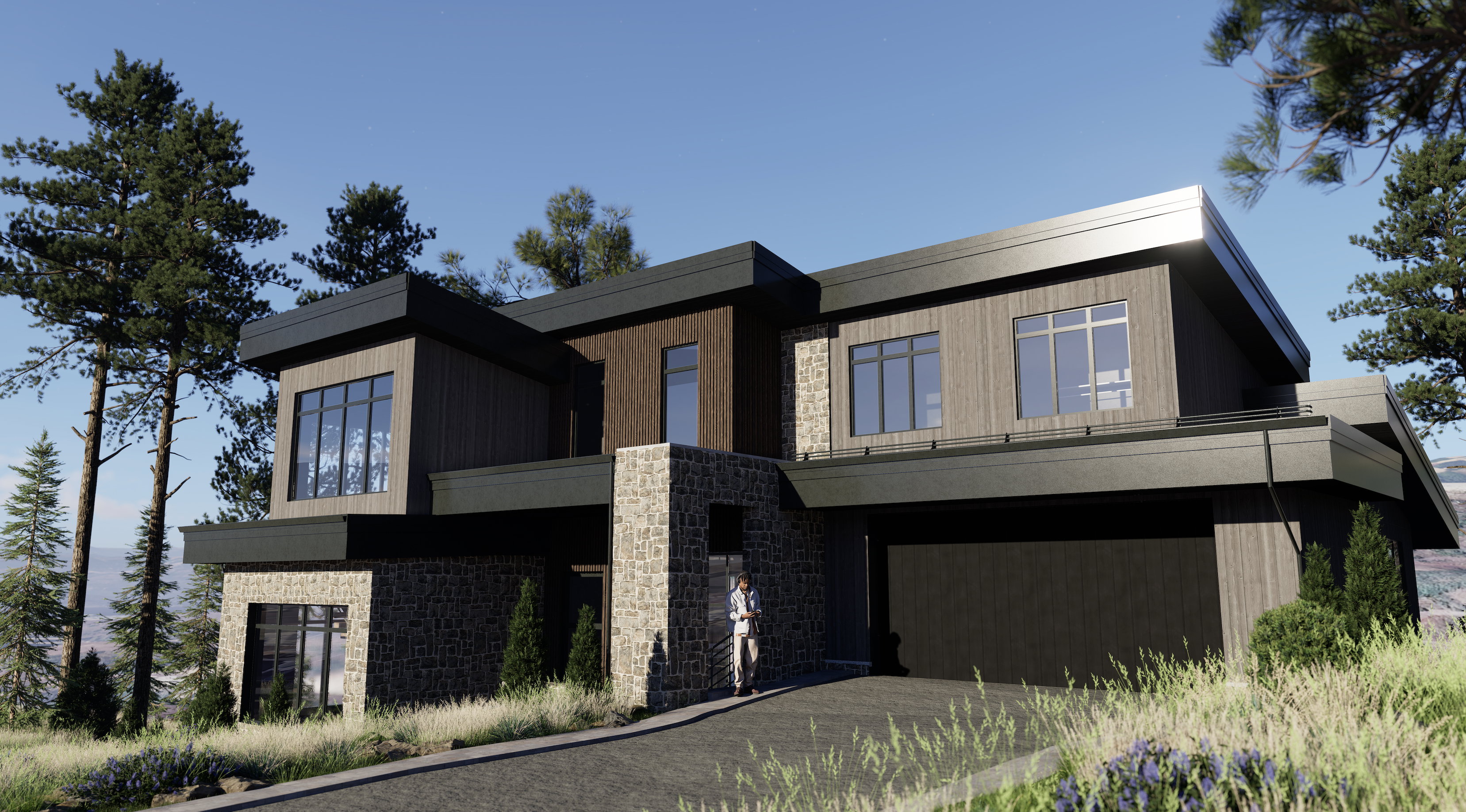 Modern home featuring stone siding