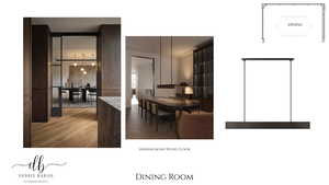 Dining room with parquet flooring and crown molding