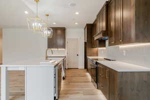 Kitchen featuring black range with electric cooktop, a kitchen island with sink, tasteful backsplash, light wood-style flooring, and hanging lights