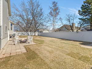 Fully fenced backyard with a patio
