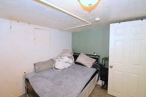 Bedroom with a textured ceiling and carpet