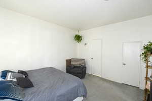 Bedroom with carpet floors and a textured ceiling