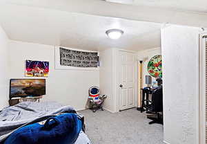 Bedroom with a textured ceiling and light colored carpet