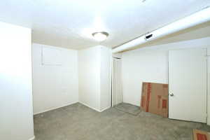 Unfurnished bedroom featuring carpet floors, a closet, and a textured ceiling