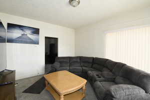 Living area with a textured ceiling and carpet