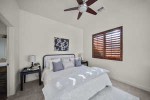 Bedroom with carpet and ceiling fan