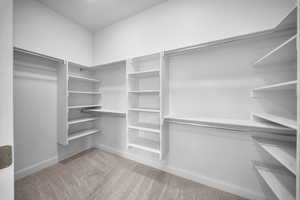 Walk in closet featuring light carpet