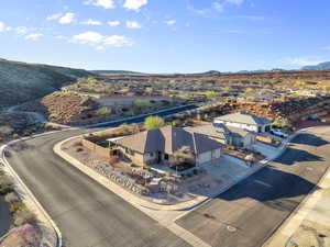 Aerial view of residential area with a mountain backdrop
