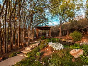View of yard featuring a small pond and a gazebo