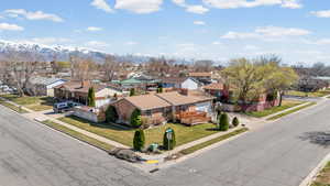 Aerial view of residential area with mountains