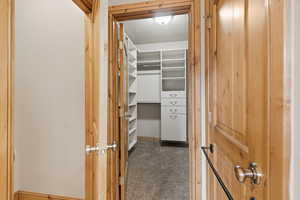 Walk in closet featuring dark colored carpet