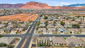 Aerial view of residential area with mountains