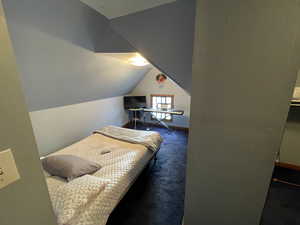 Bedroom with carpet flooring and vaulted ceiling