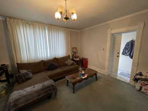 Carpeted living area featuring suspended lighting and ornamental molding