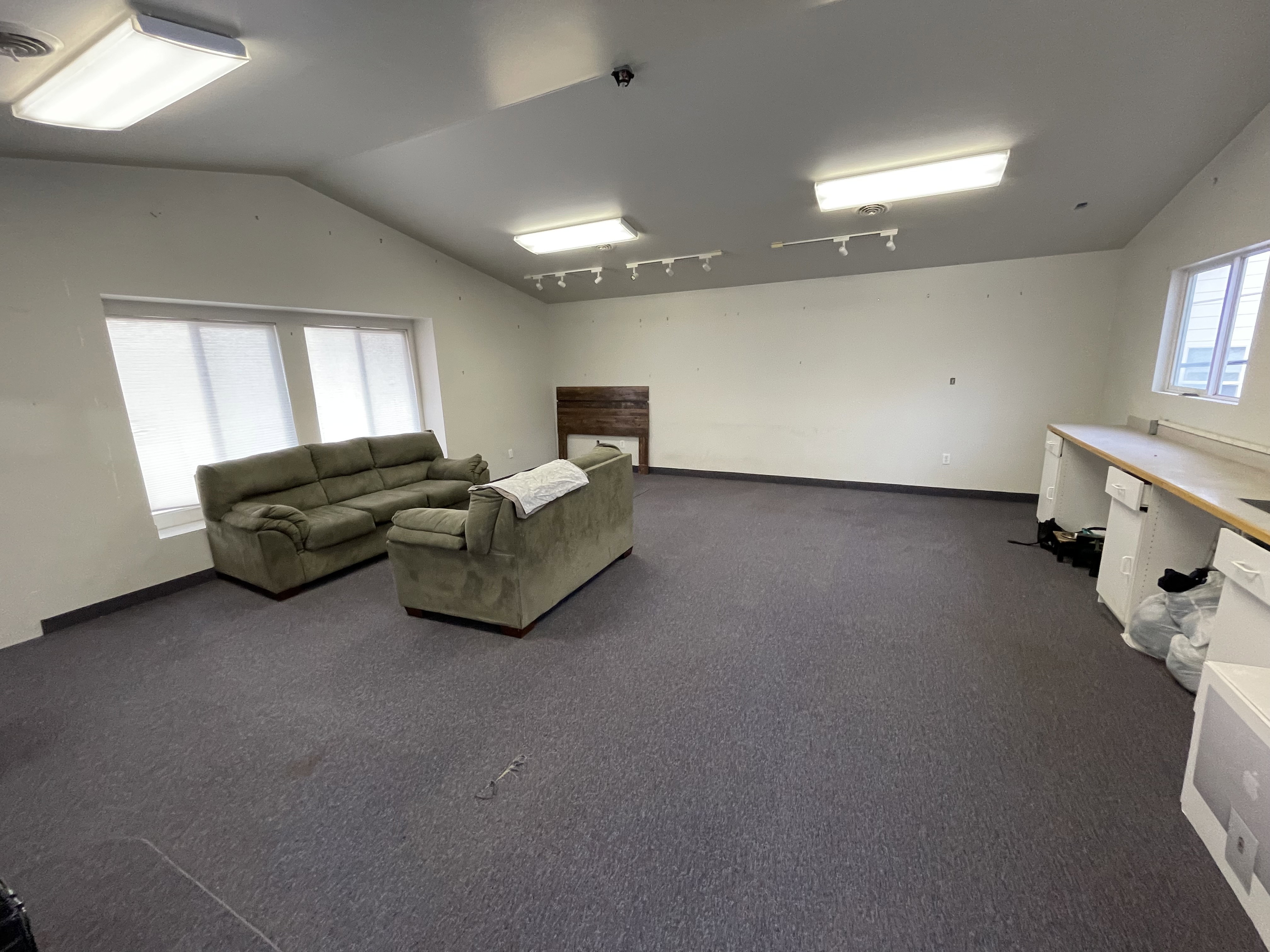 Living room with dark colored carpet and track lighting
