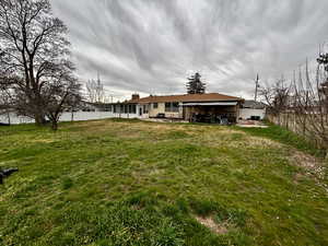 Rear view of house featuring a fenced backyard and a patio area.