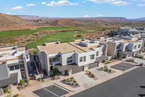 Aerial view of mountains and a local golf course