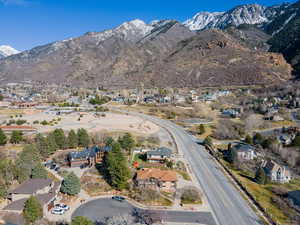 Aerial perspective of suburban area featuring mountains