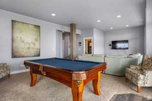 Rec room featuring billiards table, carpet, and recessed lighting