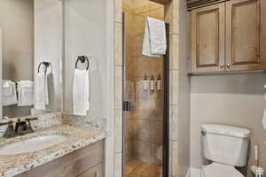 Bathroom with a shower stall and vanity