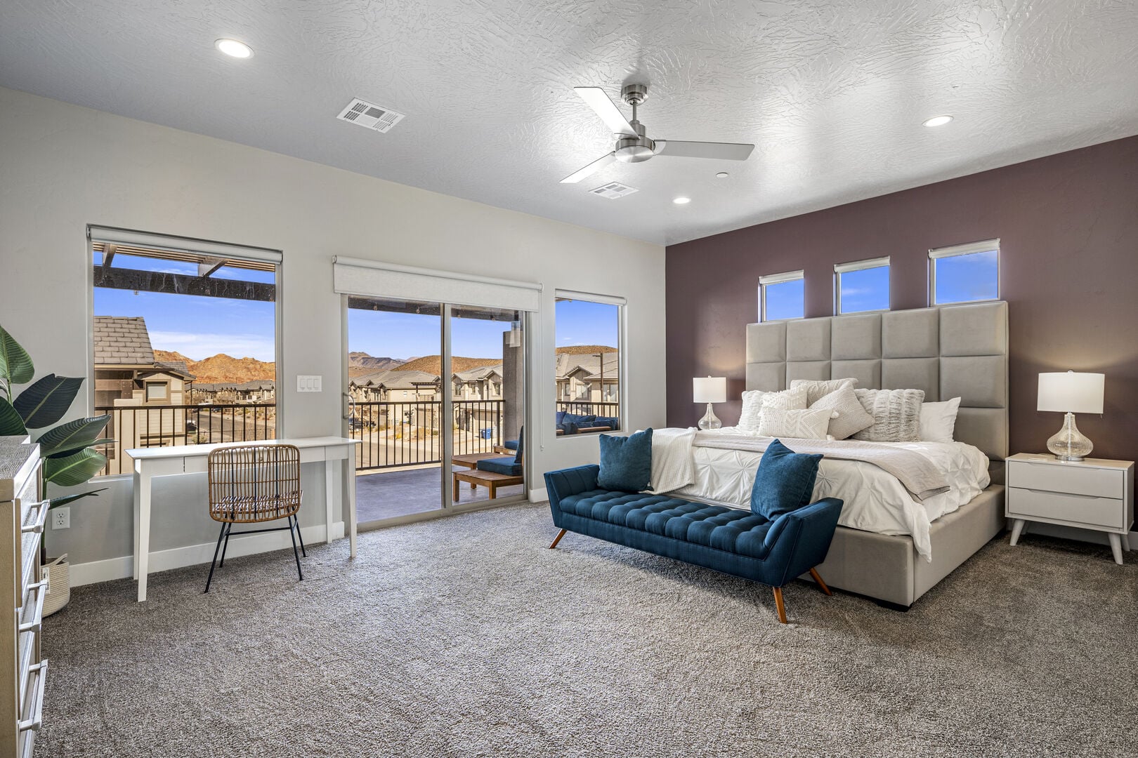 Bedroom with access to outside, carpet flooring, a ceiling fan, a textured ceiling, and recessed lighting