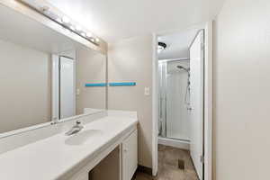 Full bath with a stall shower and vanity