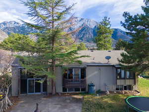 Rear view of property featuring a mountain view, a trampoline, roof with shingles, a sunroom, and a yard