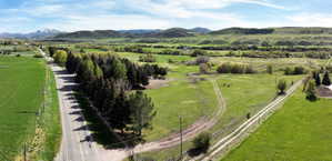 Expansive rural acreage featuring green pastures, mature trees, and a paved road frontage