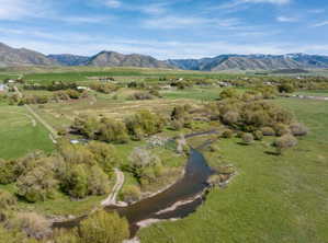 Expansive green landscape featuring a winding river, mature trees, and distant mountains