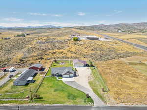 Overview of rural landscape with a mountain backdrop