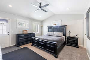 Bedroom featuring light carpet, lofted ceiling, ceiling fan, and recessed lighting