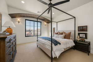 Bedroom with light colored carpet, a ceiling fan, and recessed lighting