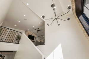 Detailed view of ceiling fan and recessed lighting