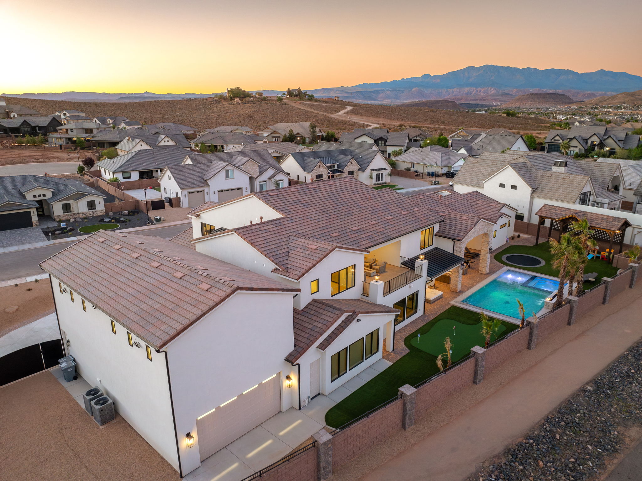 Aerial view at dusk of a residential view