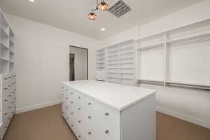 Walk in closet with dark colored carpet