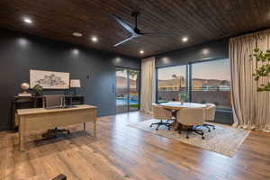 Office area with wood ceiling, wood-type flooring, a ceiling fan, and recessed lighting