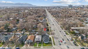 Aerial view of residential area with a mountain backdrop
