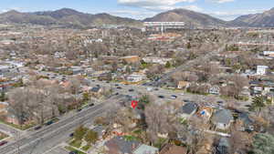 Aerial perspective of suburban area with mountains