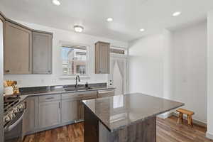 Kitchen featuring dark stone counters, stainless steel appliances, dark wood-type flooring, a kitchen island, and recessed lighting